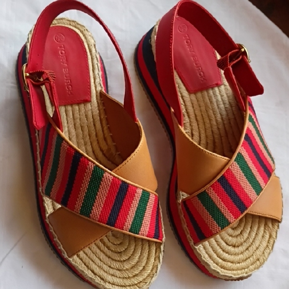 Tory Burch Red and Tan Espadrille Sandals
